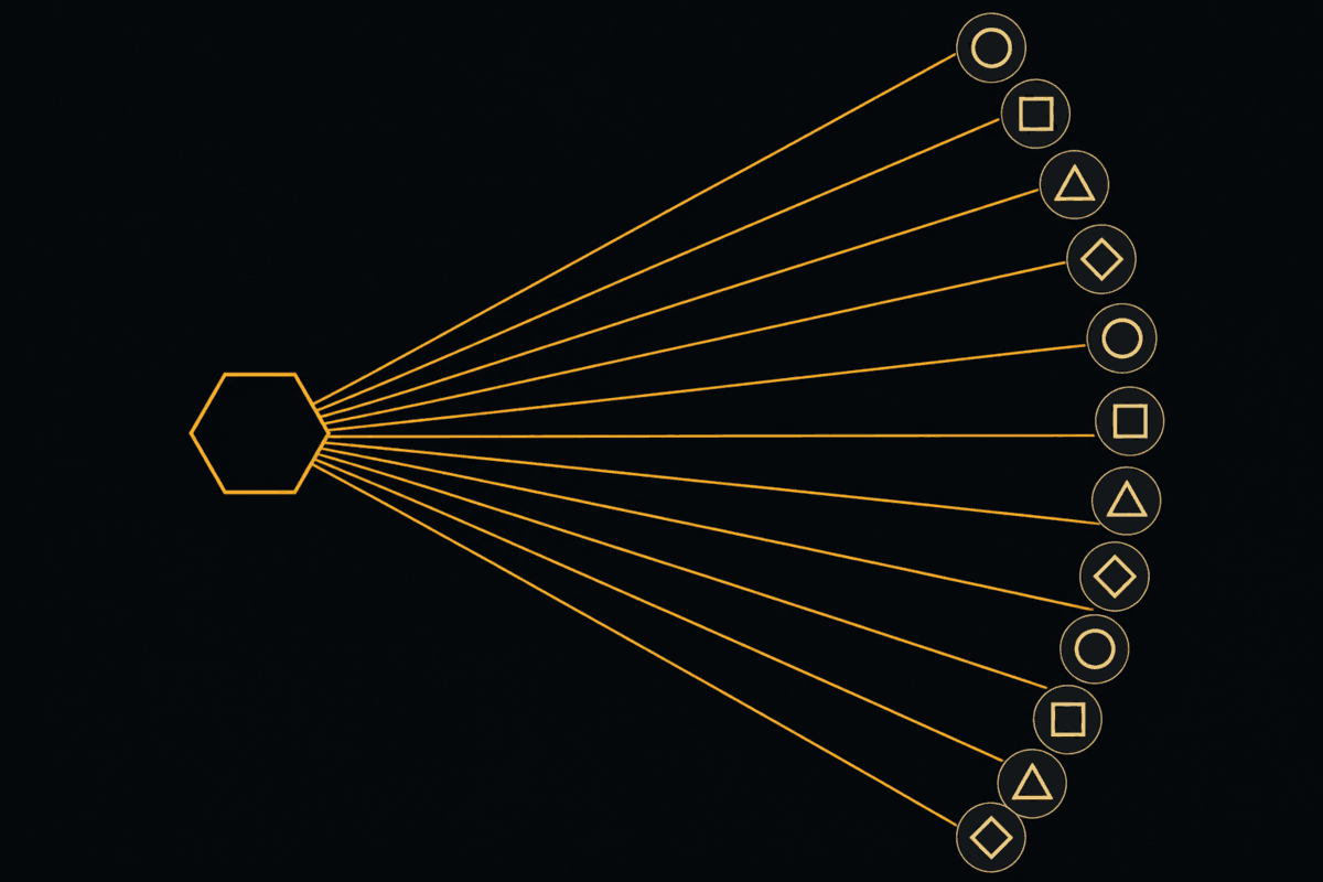 A dozen agents arranged as one operator's swarm, drawn from several model families, each carrying a different set of marks for what it holds.