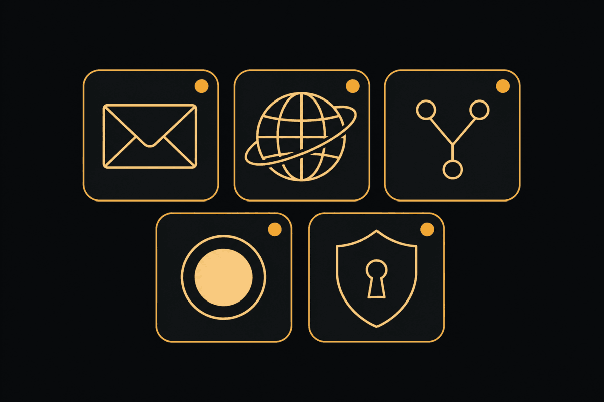 Five marks laid out as a register: a mailbox, a domain, a source-code account, an authenticator and a wallet — the accounts a citizen has proved it holds.